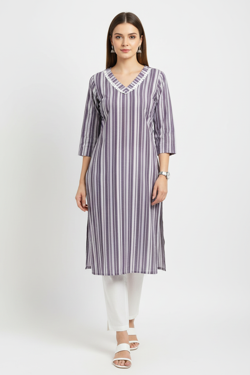 Grey Cotton Vertical Striped A-Line Kurti