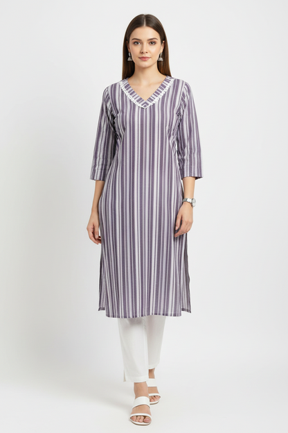Grey Cotton Vertical Striped A-Line Kurti