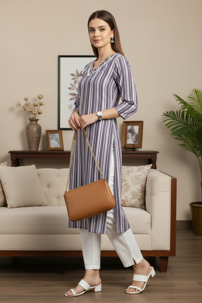 Grey Cotton Vertical Striped A-Line Kurti