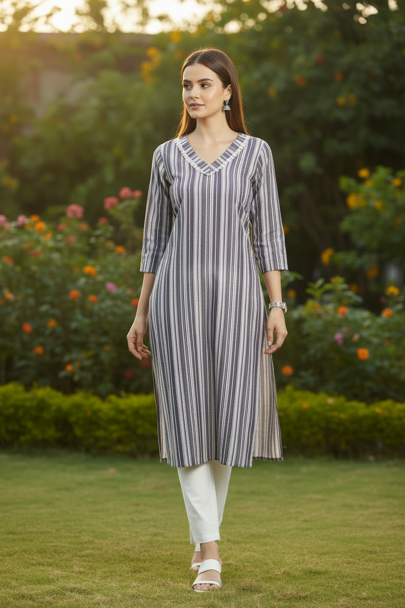 Grey Cotton Vertical Striped A-Line Kurti