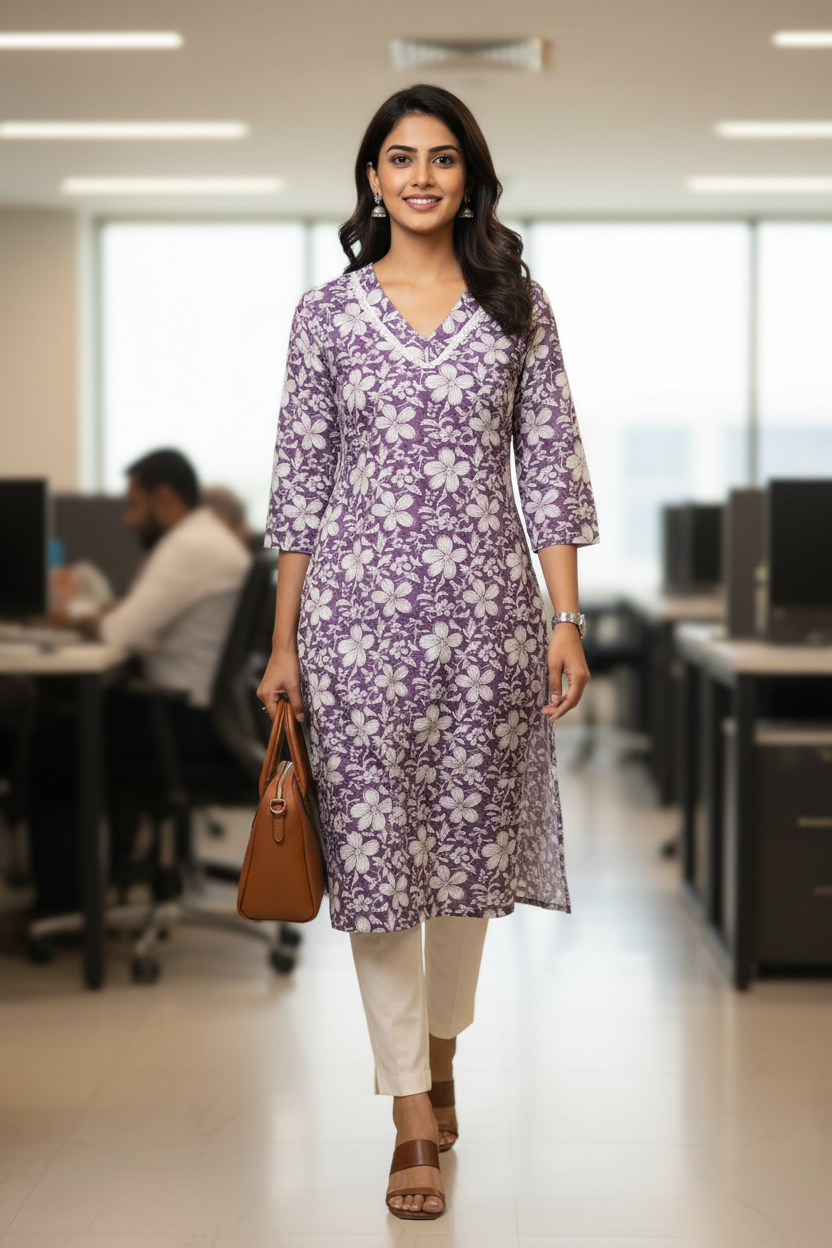 Purple Cotton Floral Printed A Line Kurti