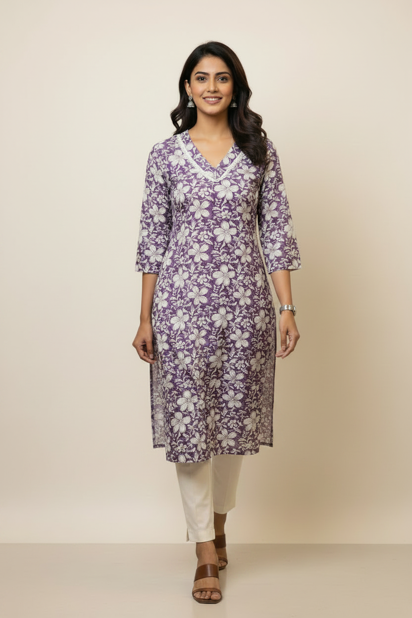 Purple Cotton Floral Printed A Line Kurti