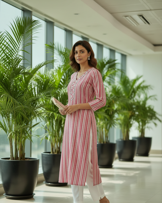 Pink Cotton Striped A Line kurti