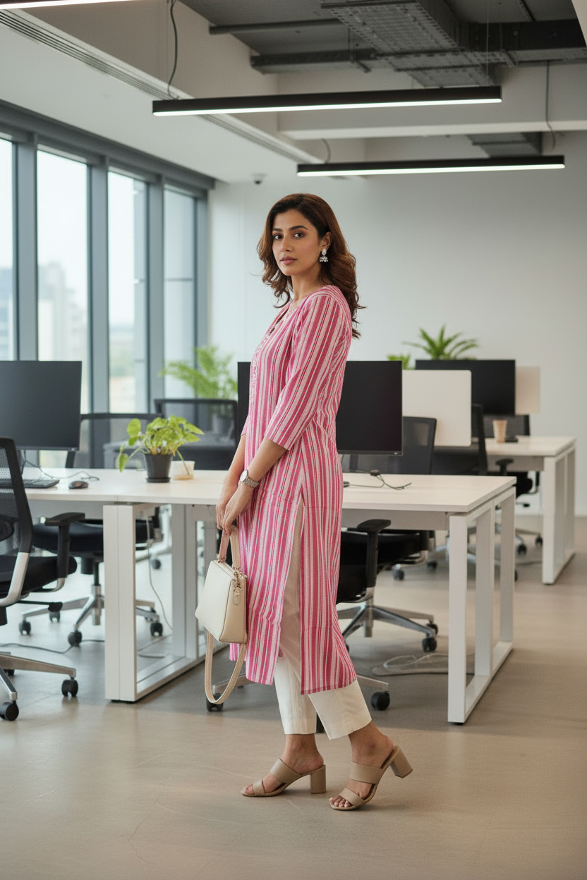 Pink Cotton Striped A Line kurti with 3/4 th sleeves