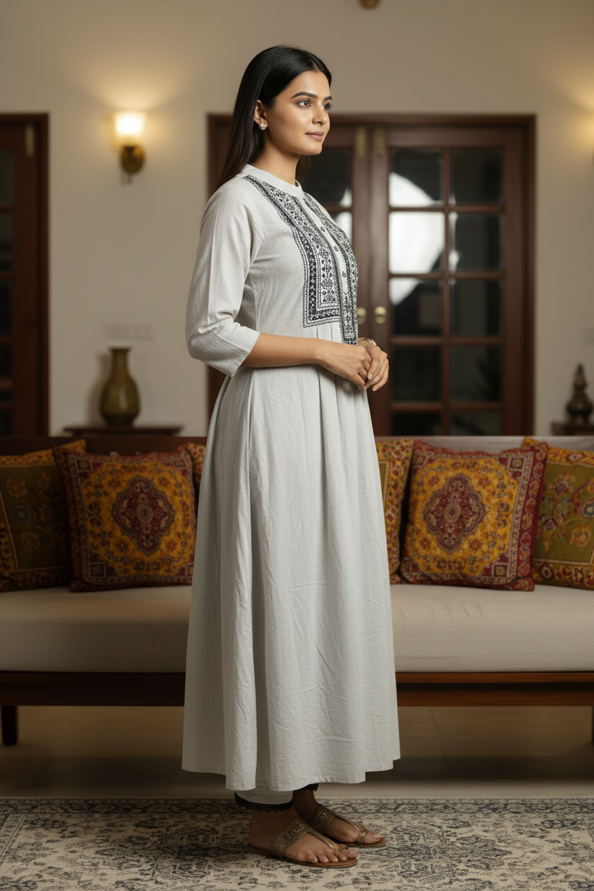Grey Cotton emboidery A Line kurti pant set