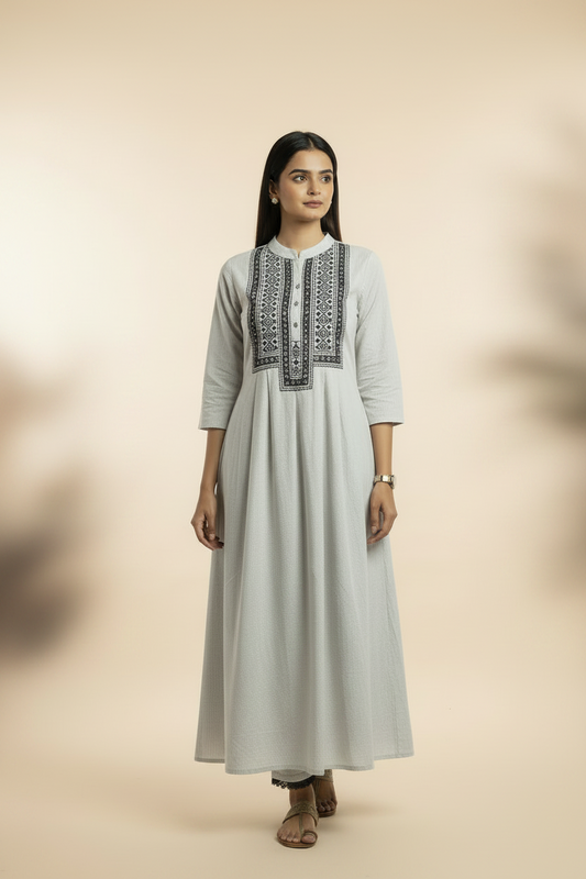 Grey Cotton emboidery A Line kurti pant set