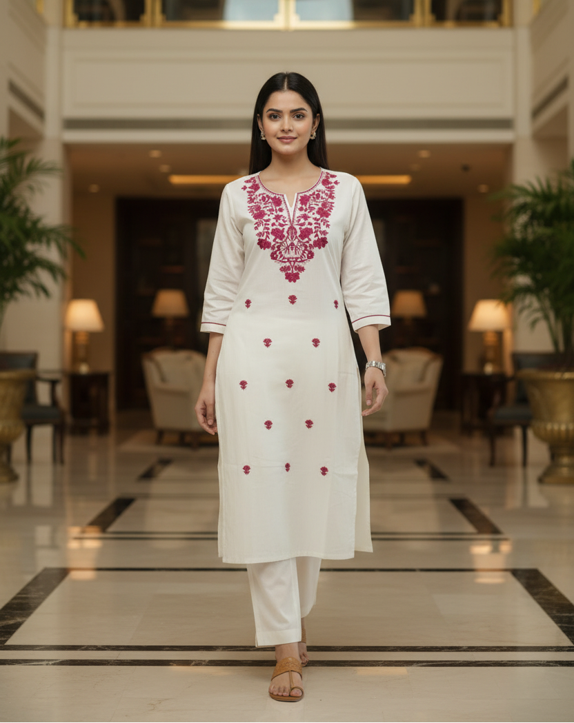 Off White Embroidered Cotton A Line Kurta Pant Set