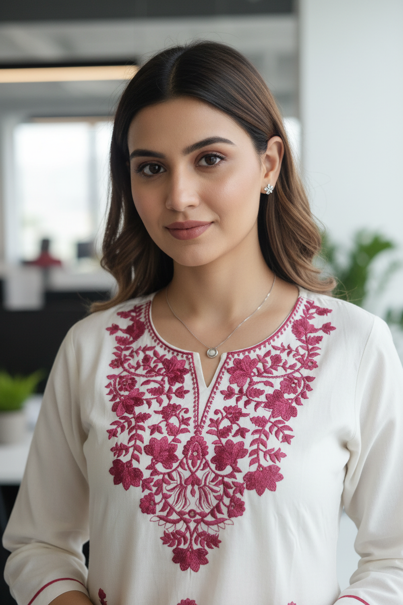 Off White Embroidered Cotton A Line Kurta Pant Set
