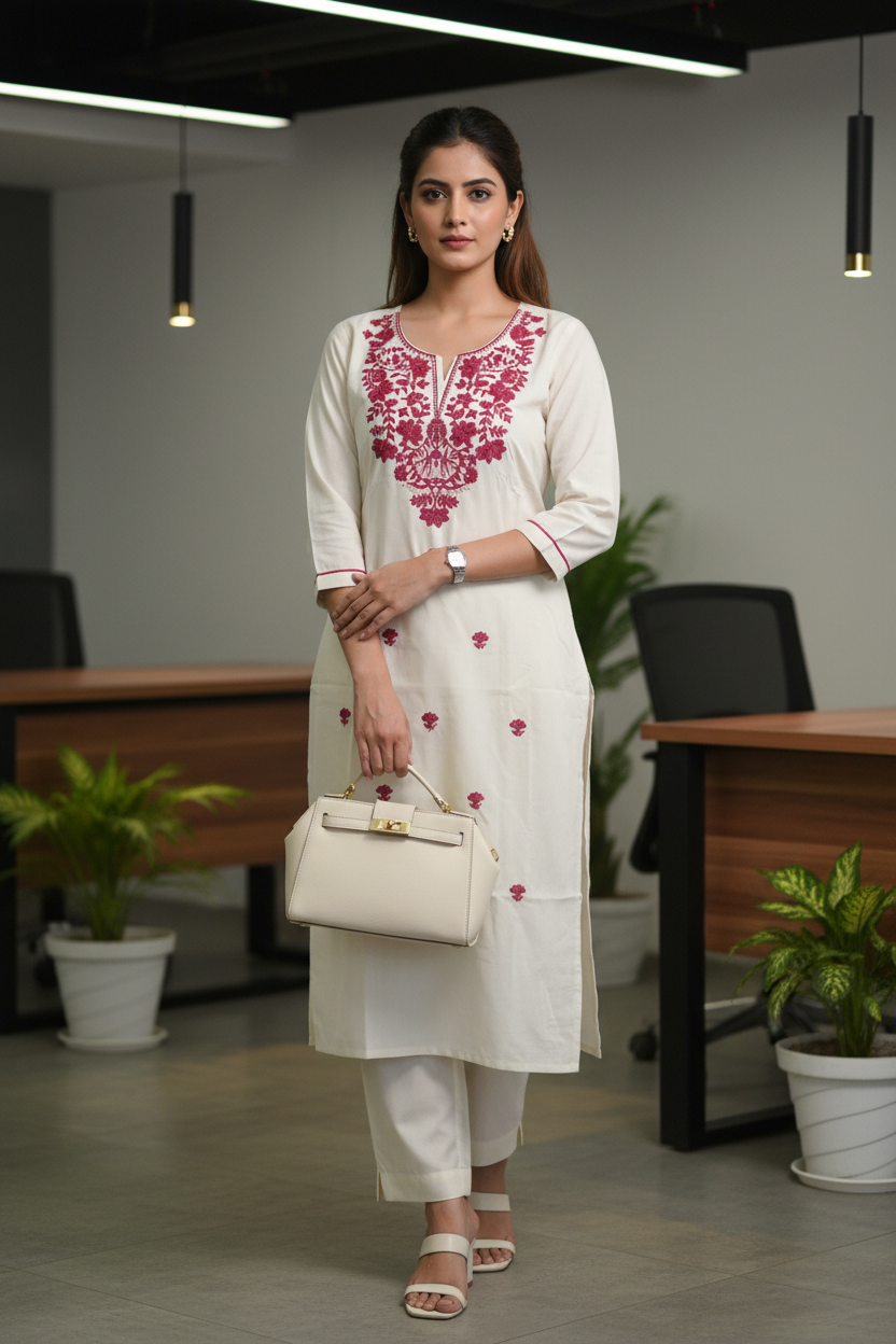 Off White Embroidered Cotton A Line Kurta Pant Set