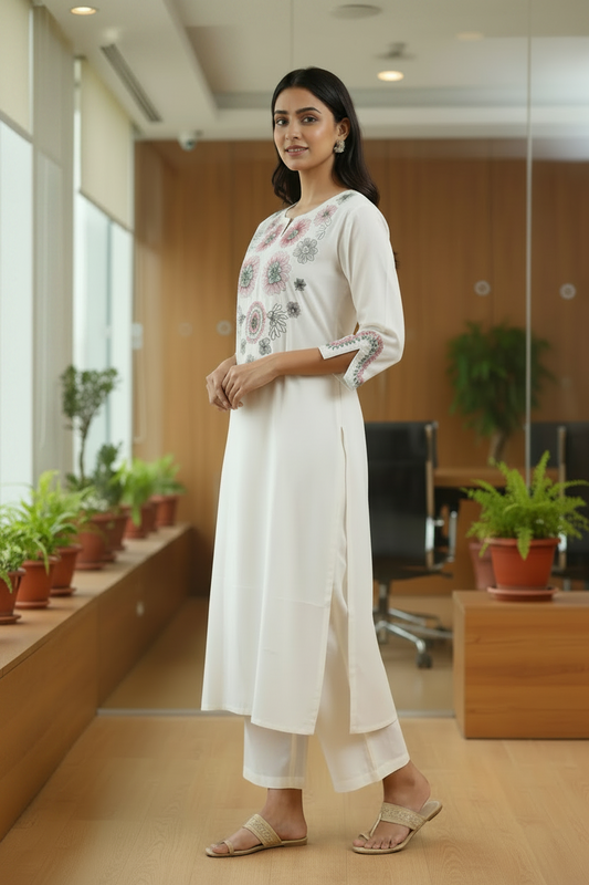 Off White Embroidered  Cotton A Line Kurta Pant Set