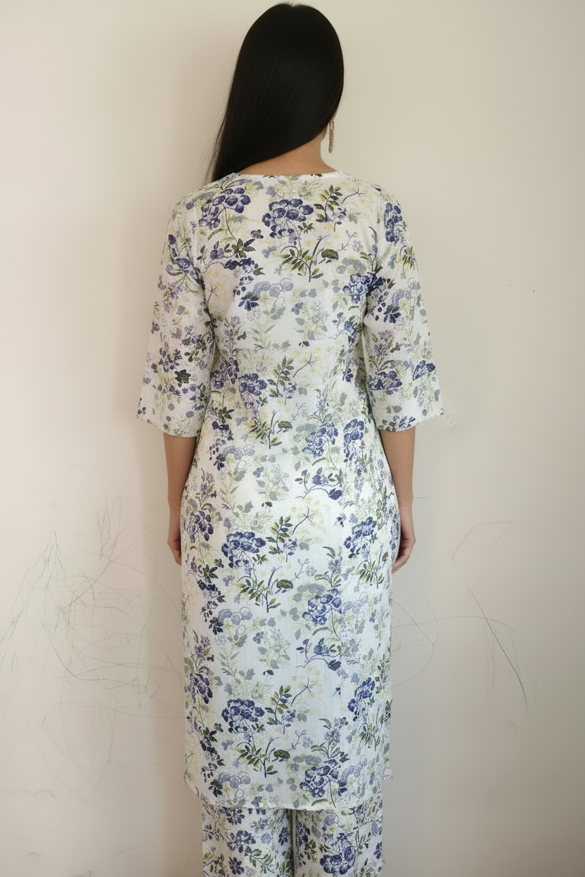 White printed Viscose rayon A Line kurti with emboidery