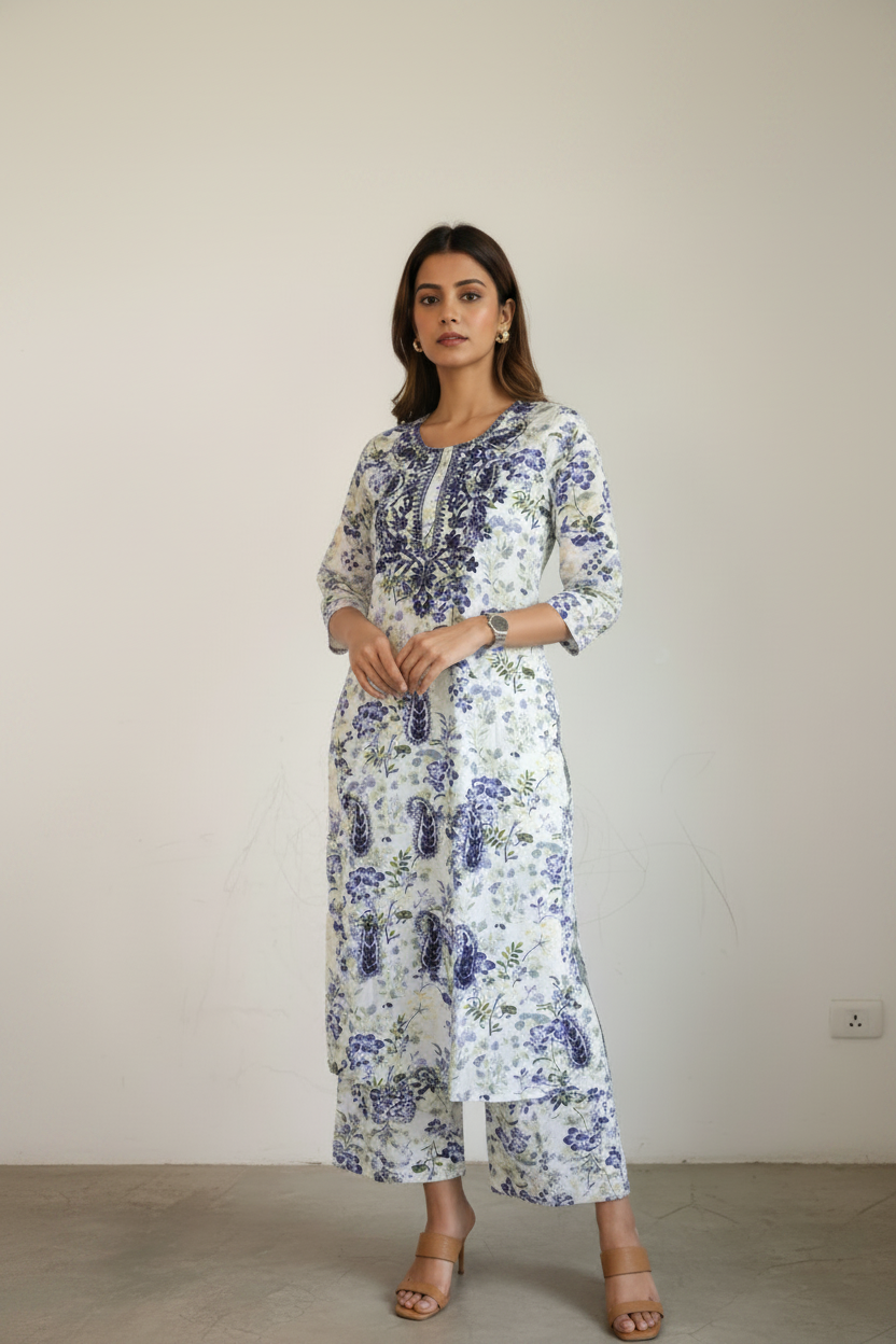 White printed Viscose rayon A Line kurti with emboidery