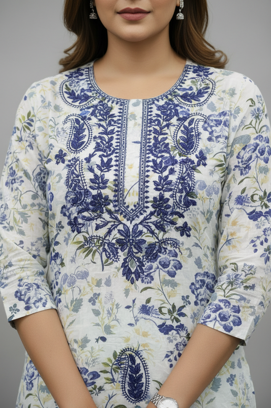 White printed Viscose rayon A Line kurti with emboidery