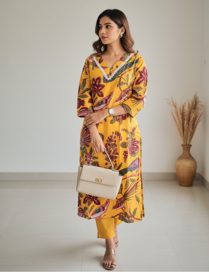 Yellow Floral Printed Straight Kurti