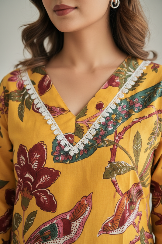 Yellow Floral Printed Straight Kurti