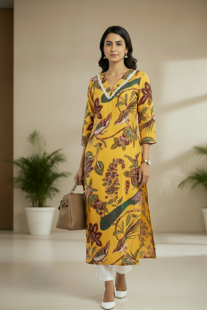 Yellow Floral Printed Straight Kurti