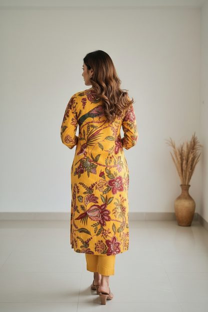 Yellow Floral Printed Straight Kurti