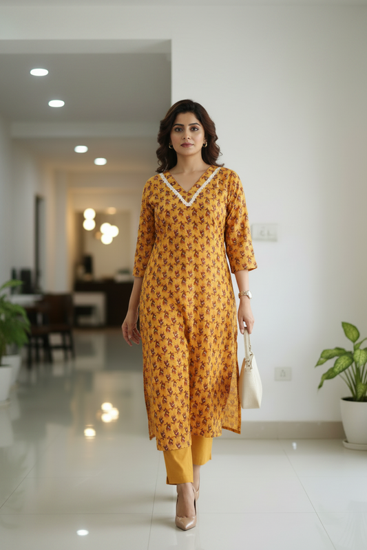 Yellow Floral Printed Straight Kurti