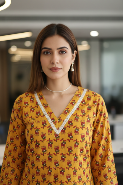 Yellow Floral Printed Straight Kurti