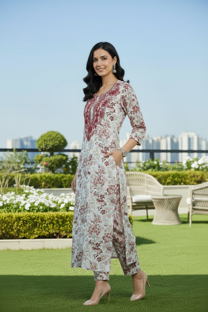 White printed Viscose rayon A Line kurti Pant Set with emboidery