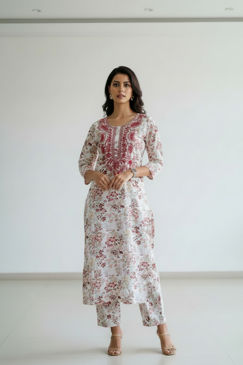 White printed Viscose rayon A Line kurti Pant Set with emboidery