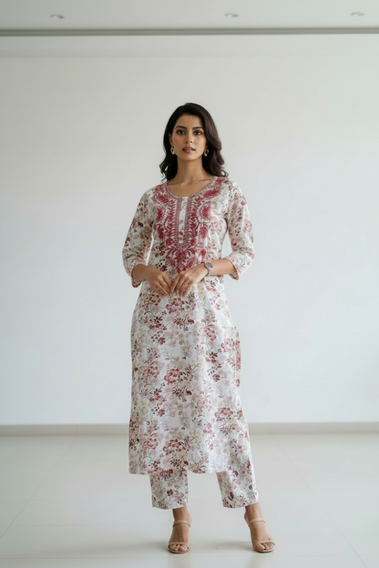 White printed Viscose rayon A Line kurti Pant Set with emboidery