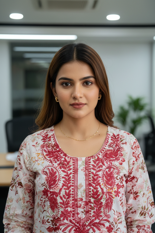 White printed Viscose rayon A Line kurti Pant Set with emboidery