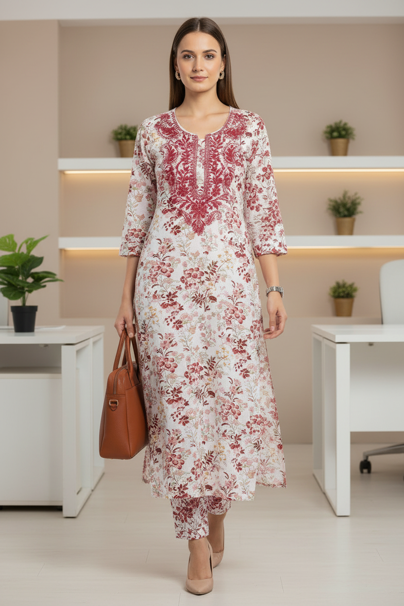 White printed Viscose rayon A Line kurti Pant Set with emboidery