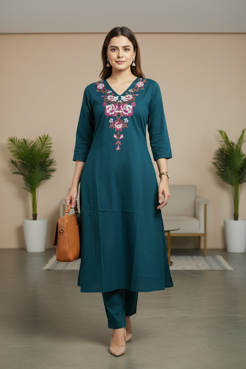 Blue embroidered Cotton A Line Flared Kurti Pant Set
