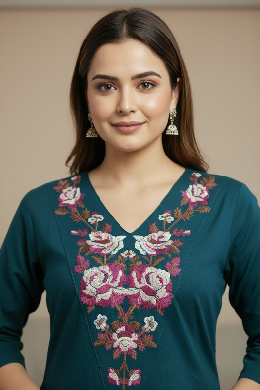 Blue embroidered Cotton A Line Flared Kurti Pant Set