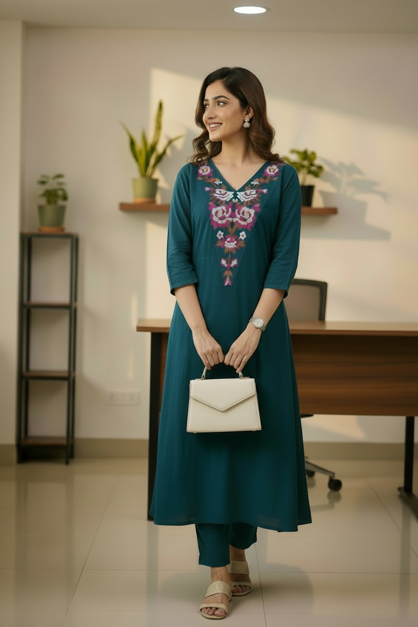 Blue embroidered Cotton A Line Flared Kurti Pant Set