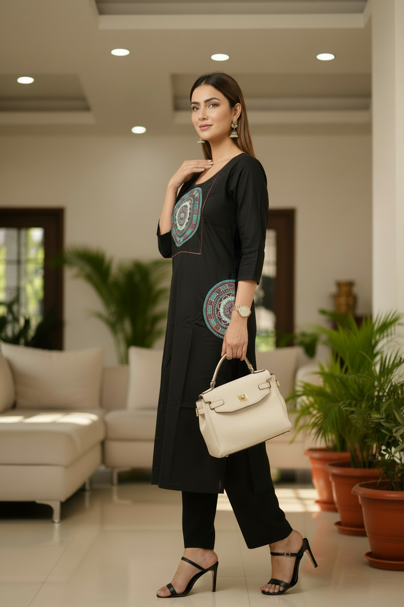Black Embroidered Cotton A Line Kurti Pant Set