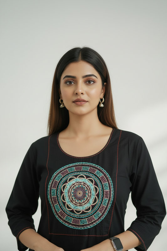 Black Embroidered Cotton A Line Kurti Pant Set