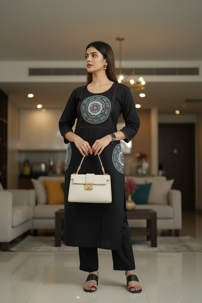 Black Embroidered Cotton A Line Kurti Pant Set