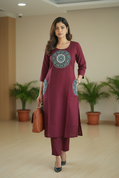 Wine Embroidered Cotton A Line Kurti Pant Set