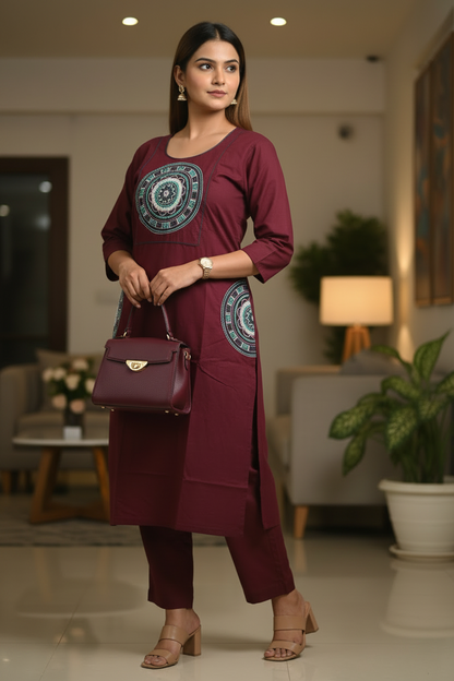 Wine Embroidered Cotton A Line Kurti Pant Set