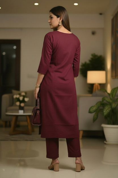 Wine Embroidered Cotton A Line Kurti Pant Set