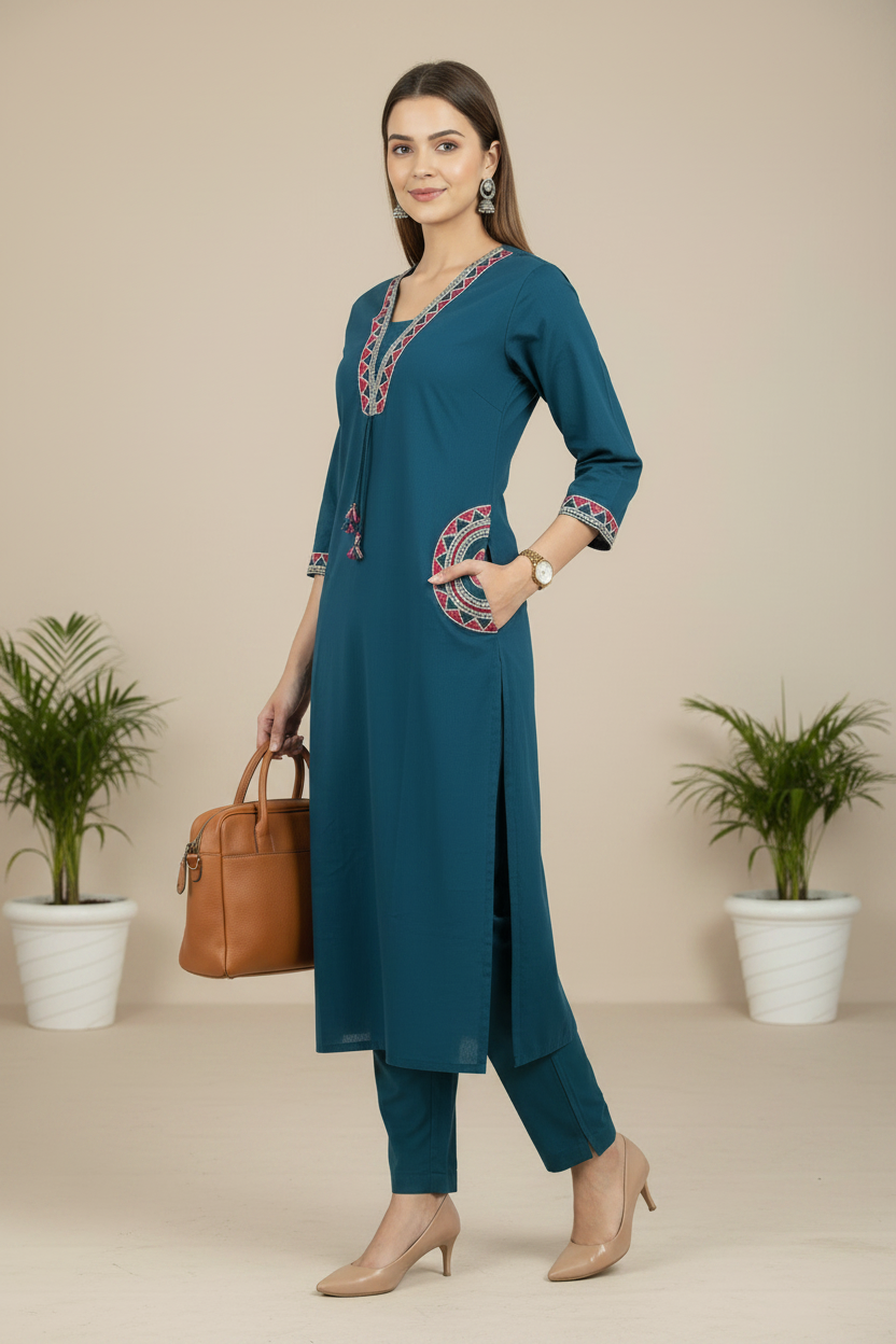 Blue Embroidered Cotton A Line Cordset