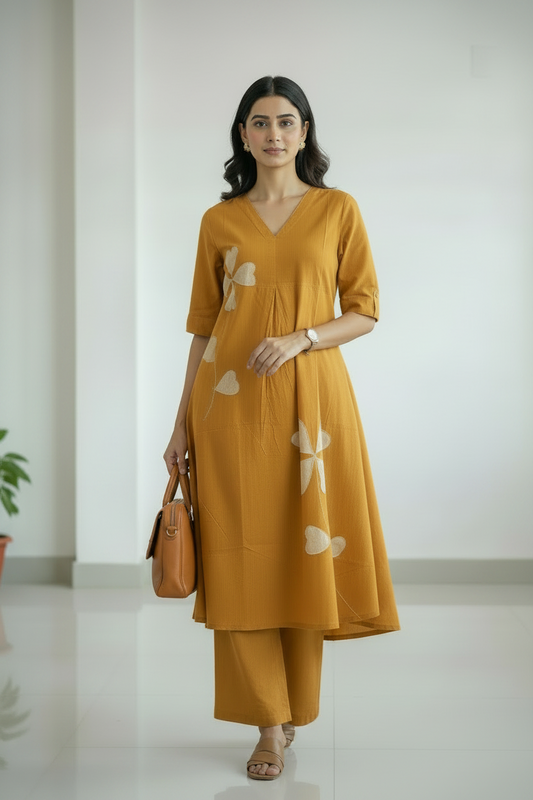 Yellow Embroidered Cotton Kurti Pant Set