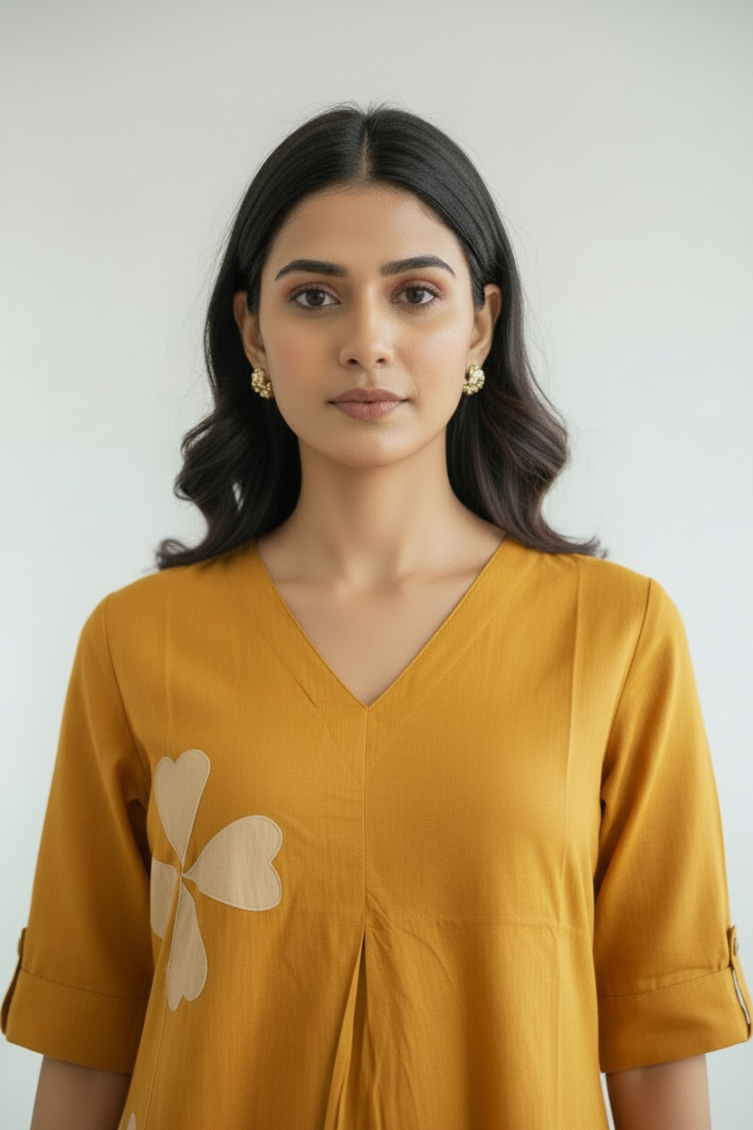 Yellow Embroidered Cotton Kurti Pant Set