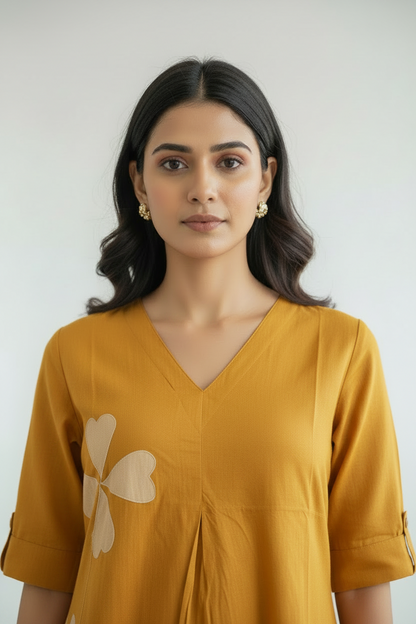 Yellow Embroidered Cotton Kurti Pant Set