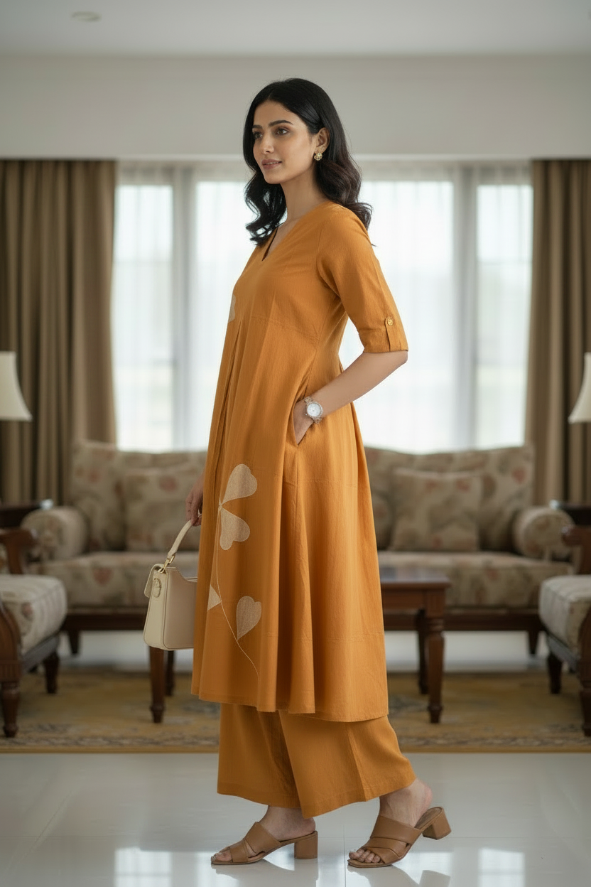 Yellow Embroidered Cotton Kurti Pant Set