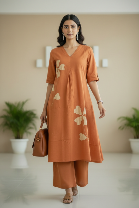 Orange Embroidered Cotton Cordet