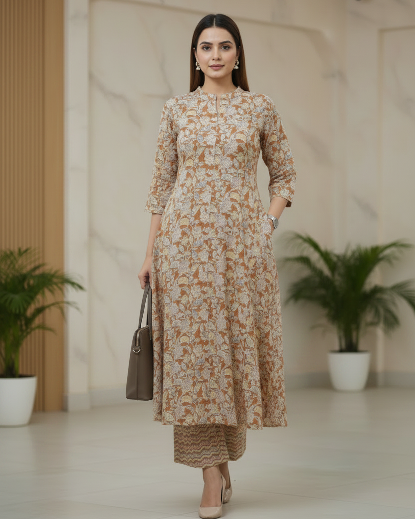 Yellow Floral Printed Cotton A Line Flared Kurti Pant Set