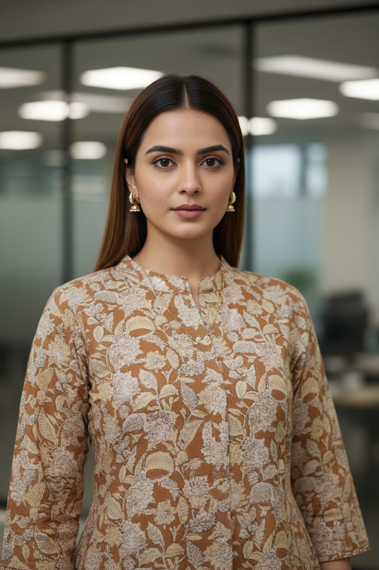 Yellow Floral Printed Cotton A Line Kurti Pant Set