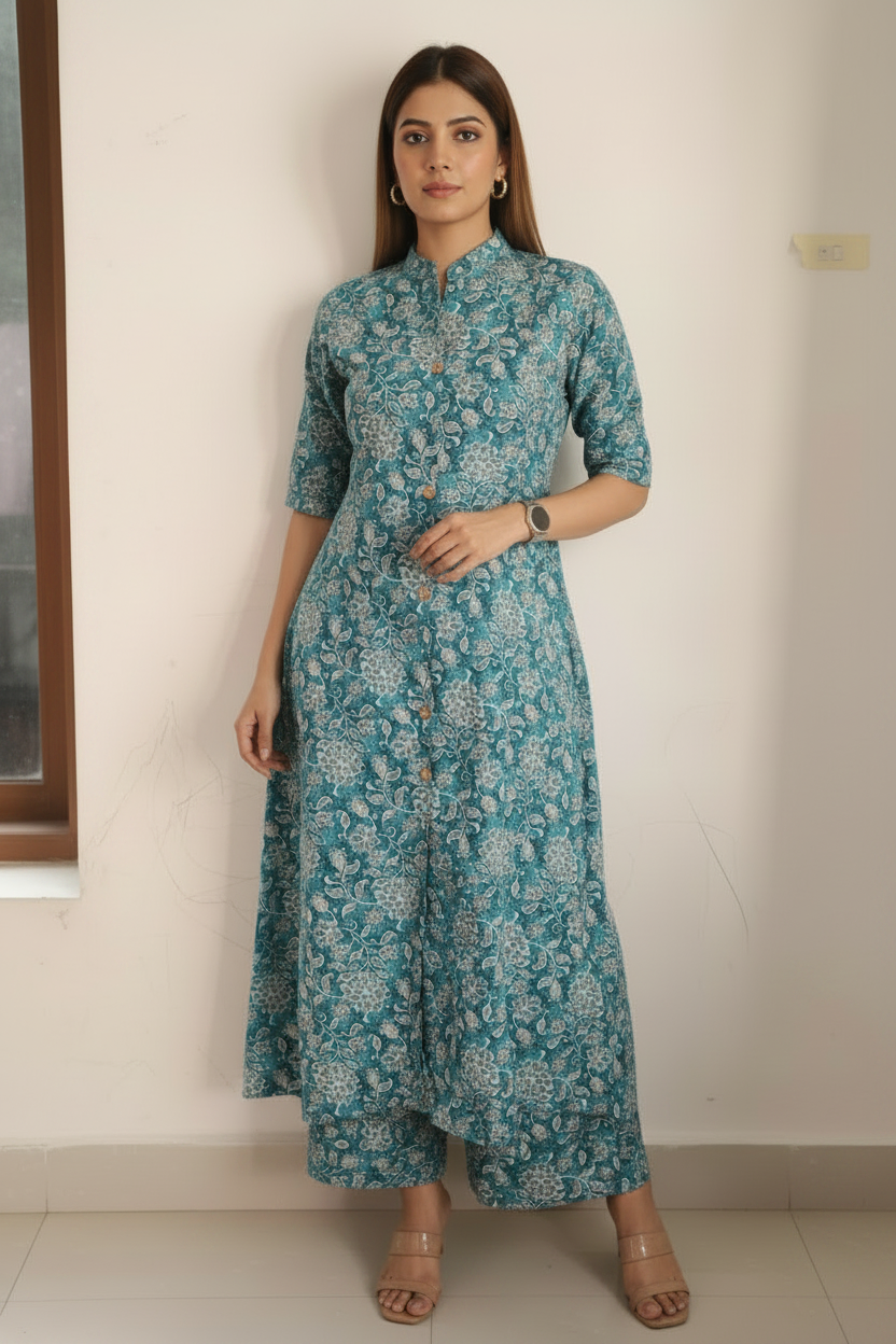 Blue Floral Printed Cotton A Line Kurti Pant Set