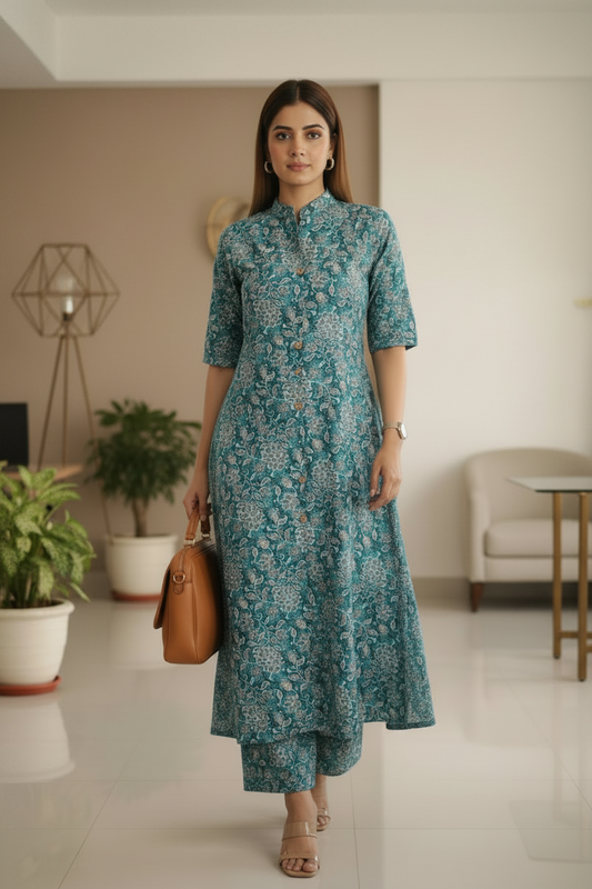 Blue Floral Printed Cotton A Line Flared  Cordset