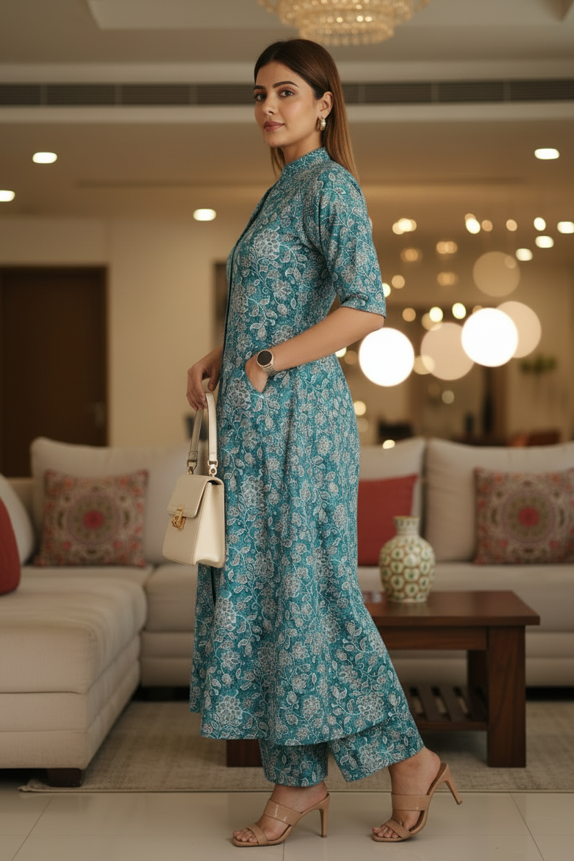Blue Floral Printed Cotton A Line Flared  Cordset