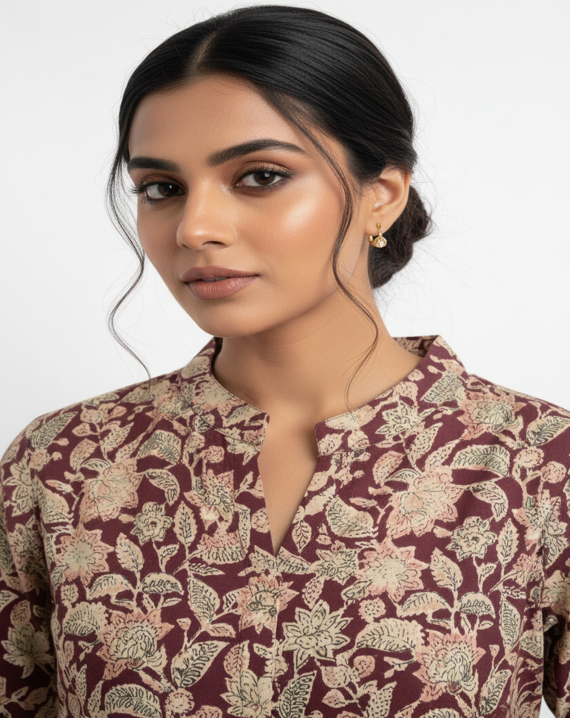 Meroon Floral Printed Cotton A Line Kurti Pant Set