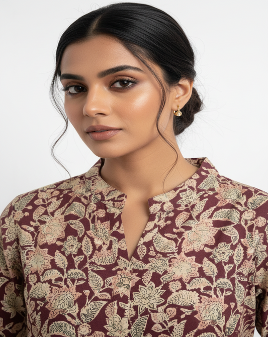 Meroon Floral Printed Cotton A Line Kurti Pant Set